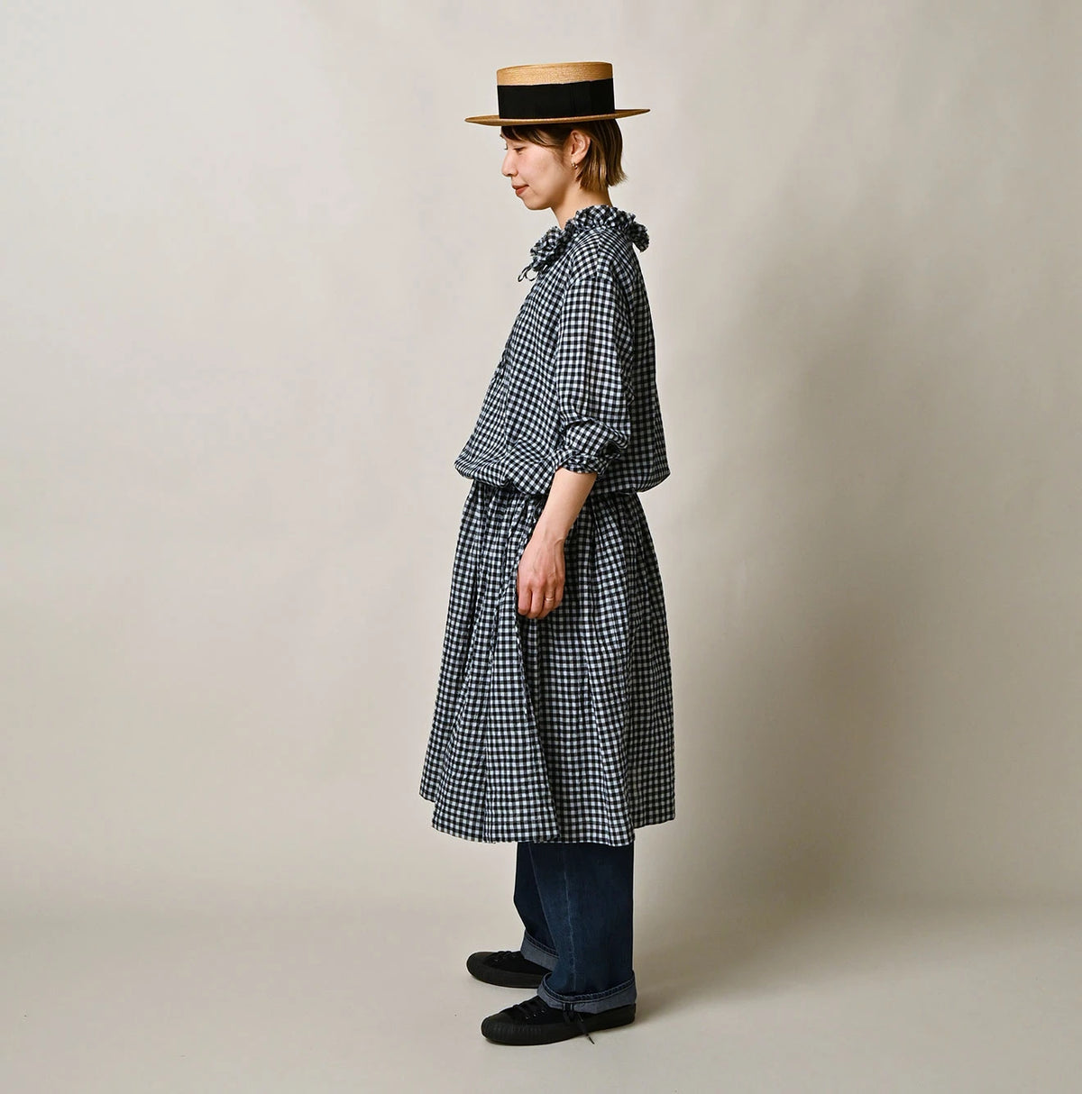 45R Indigo Gauze Gingham Frill Collar Dress