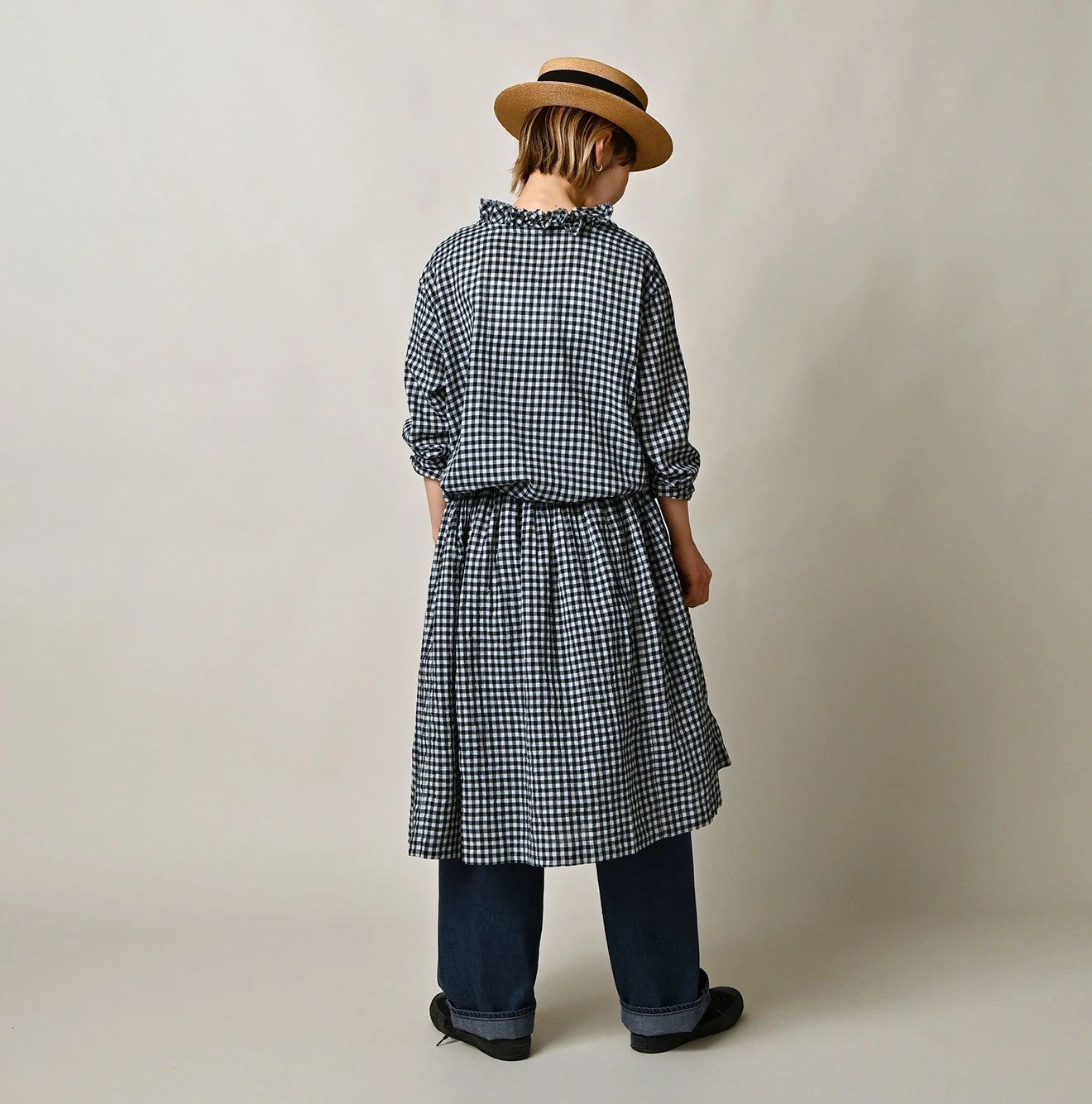 45R Indigo Gauze Gingham Frill Collar Dress - Image 13