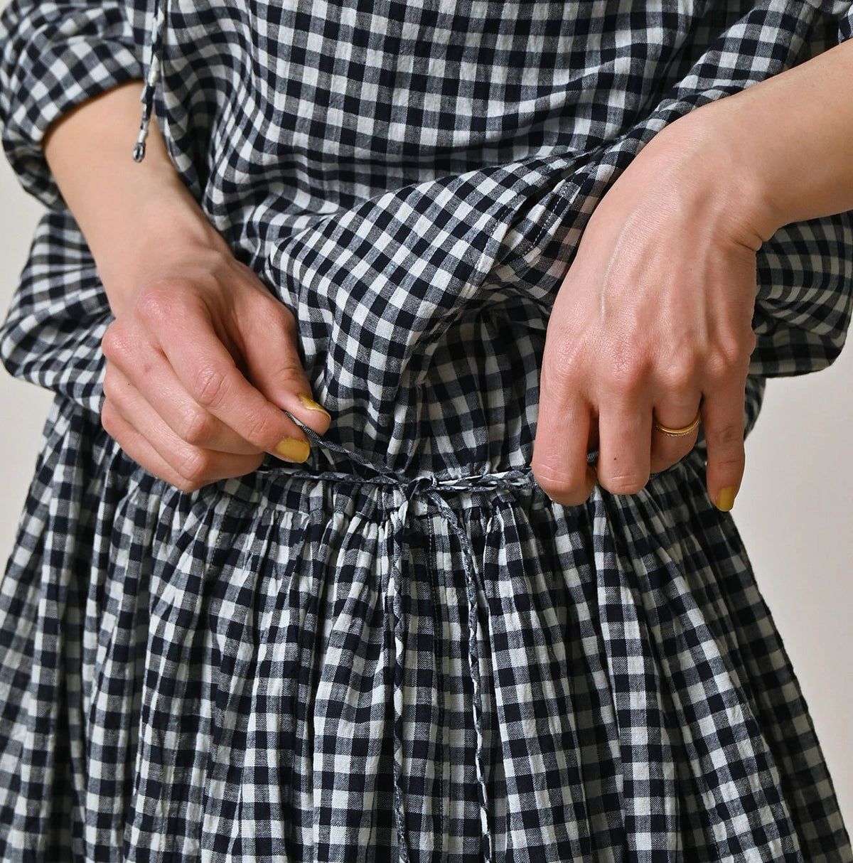 45R Indigo Gauze Gingham Frill Collar Dress