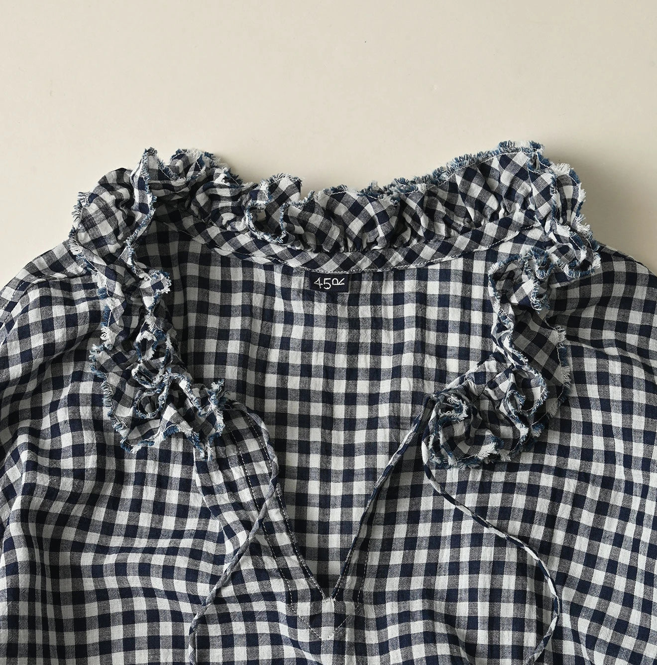 45R Indigo Gauze Gingham Frill Collar Dress - Image 16