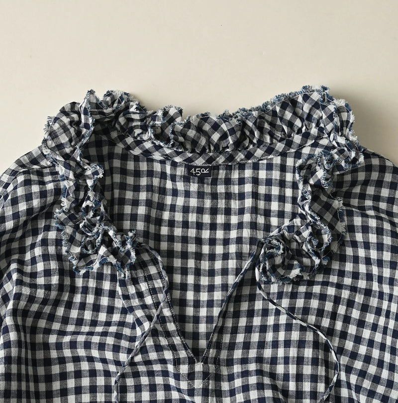 45R Indigo Gauze Gingham Frill Collar Dress - Image 16