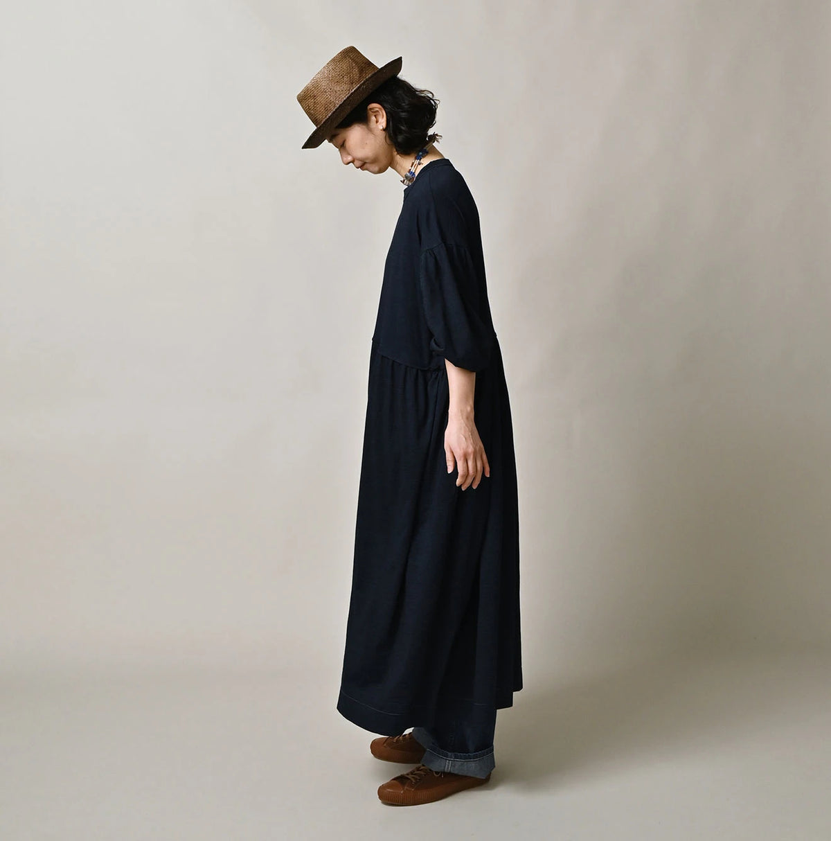 45R Indigo Tenjiku Puff Sleeve Dress