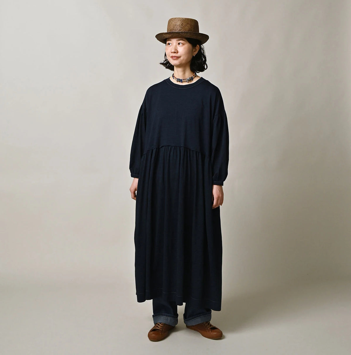 45R Indigo Tenjiku Puff Sleeve Dress