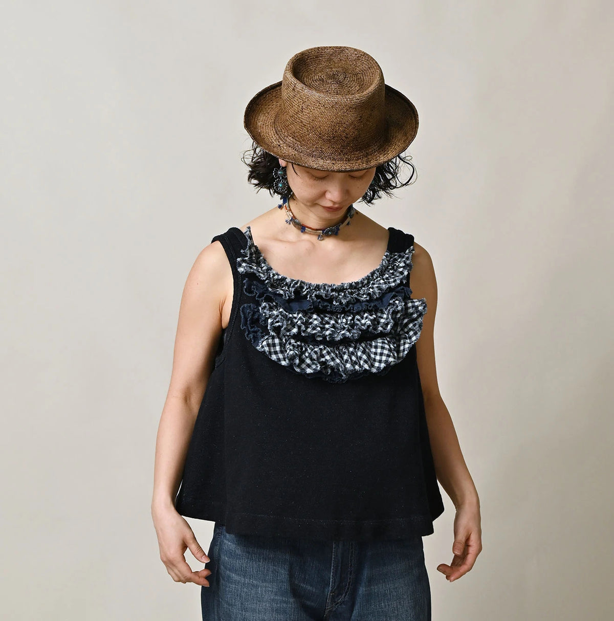 45R Indigo Mix Frill × Sweat Tank Top