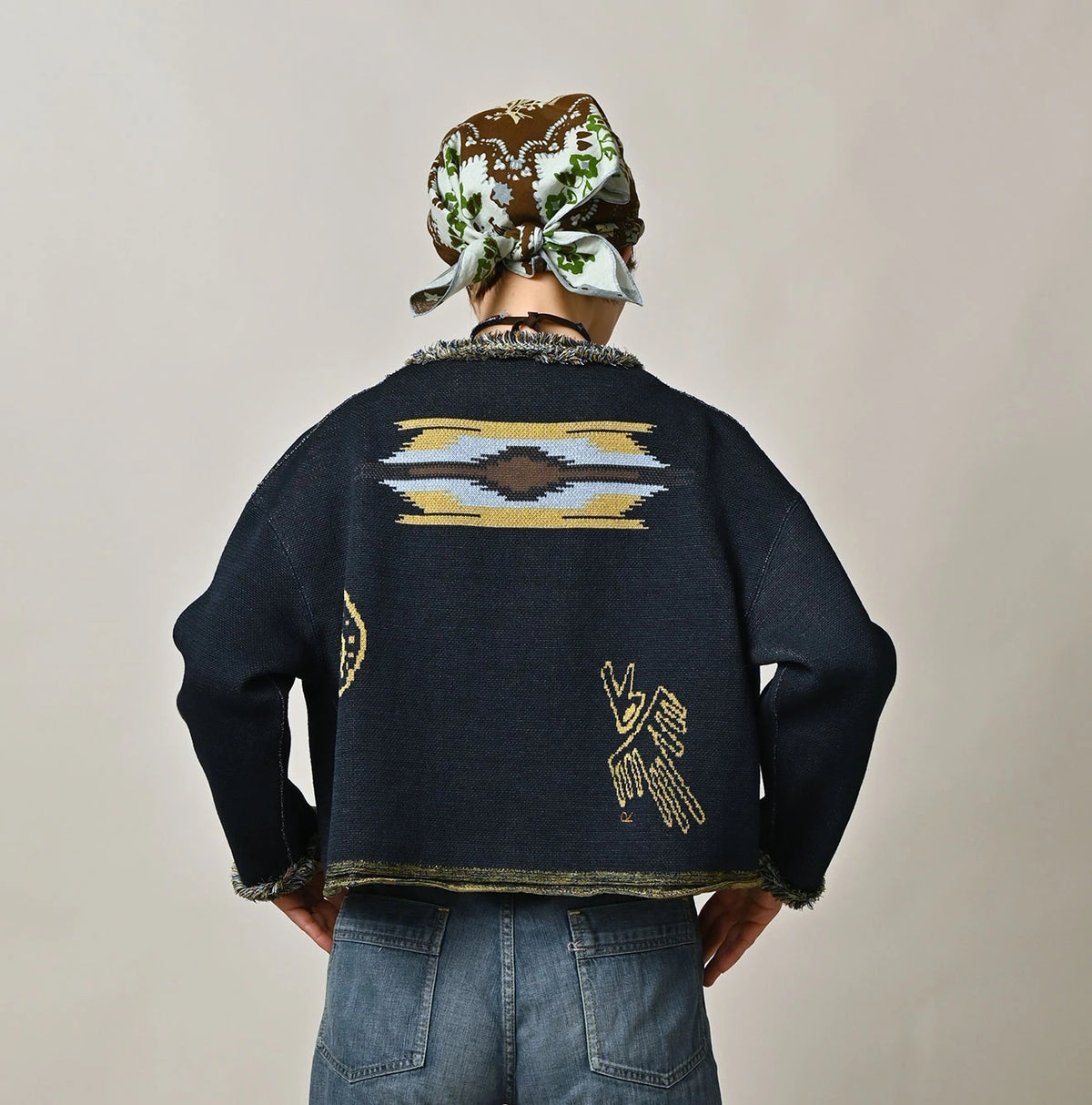 Indigo Jacquard Knit-Sewn Bolero