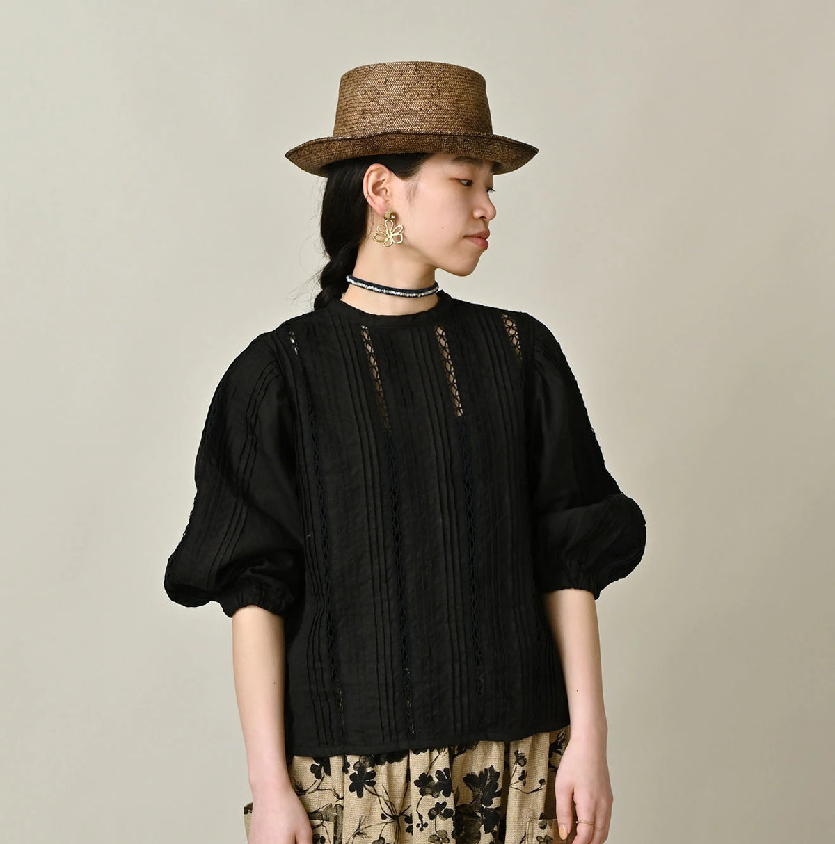 45R Linen Pintuck Lace Blouse