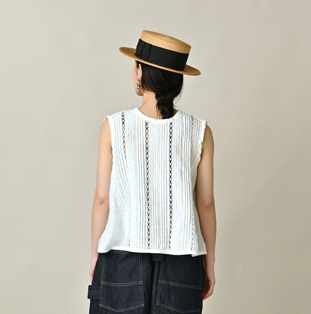 45R Linen Pintuck Lace Sleeveless Top