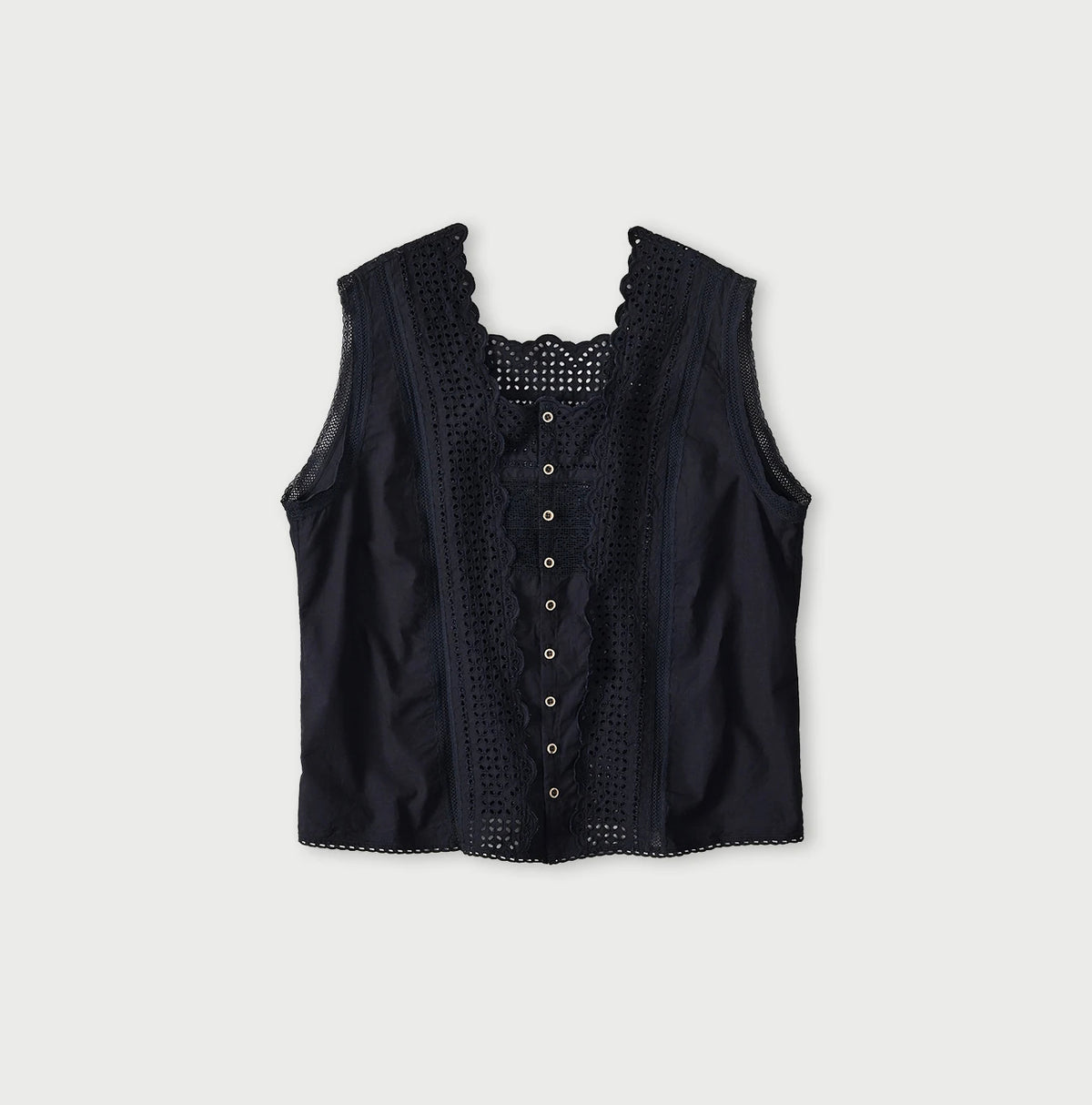 45R Indigo Supima Organic Batiste Cutwork Sleeveless Top