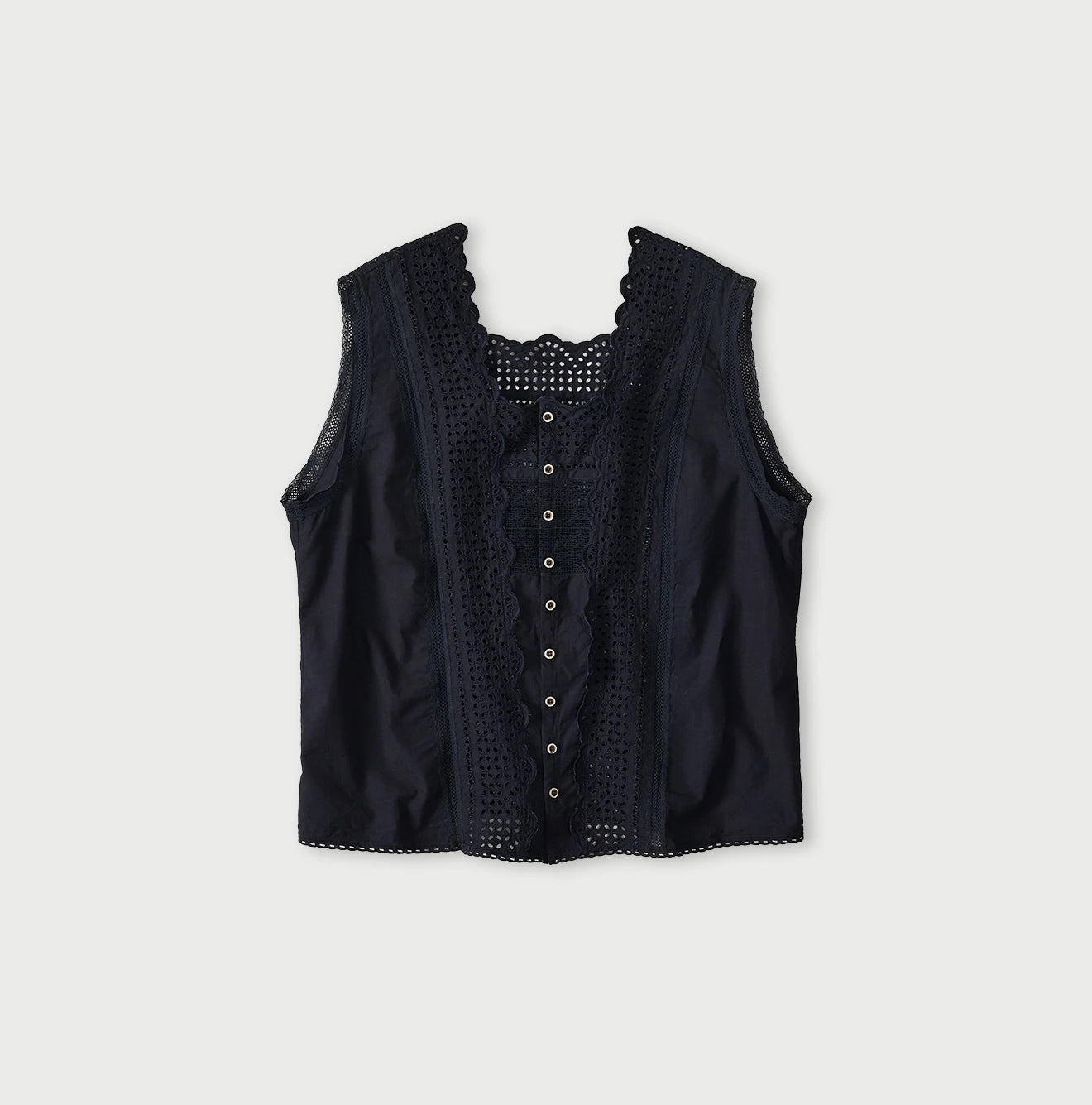 45R Indigo Supima Organic Batiste Cutwork Sleeveless Top - Image 1
