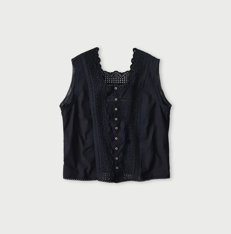 45R Indigo Supima Organic Batiste Cutwork Sleeveless Top - Image 1