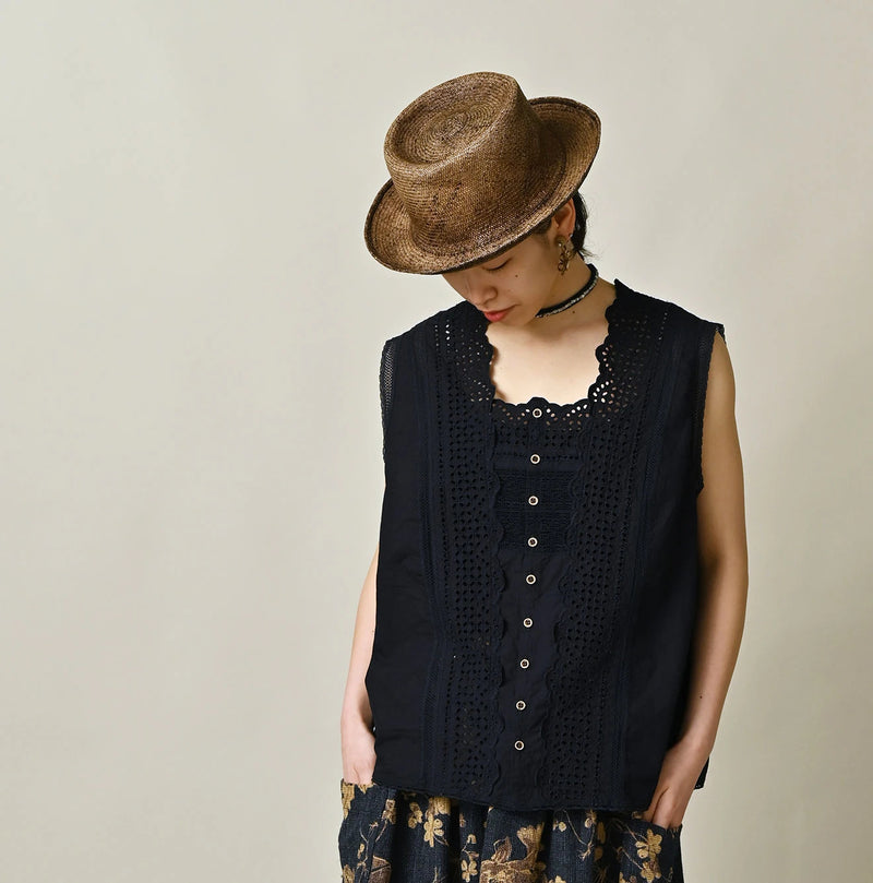 45R Indigo Supima Organic Batiste Cutwork Sleeveless Top - Image 3