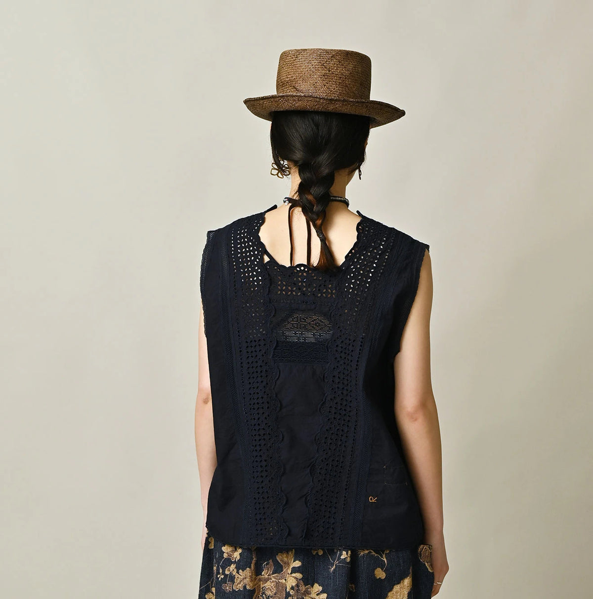 45R Indigo Supima Organic Batiste Cutwork Sleeveless Top