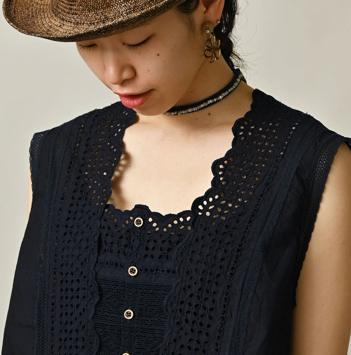 45R Indigo Supima Organic Batiste Cutwork Sleeveless Top
