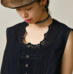 45R Indigo Supima Organic Batiste Cutwork Sleeveless Top