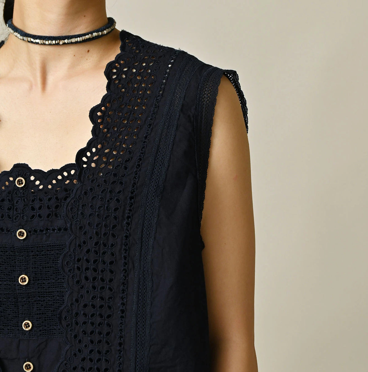 45R Indigo Supima Organic Batiste Cutwork Sleeveless Top