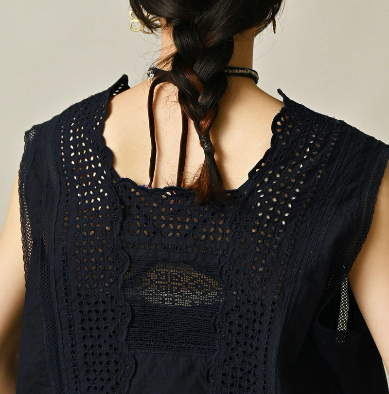 45R Indigo Supima Organic Batiste Cutwork Sleeveless Top - Image 9