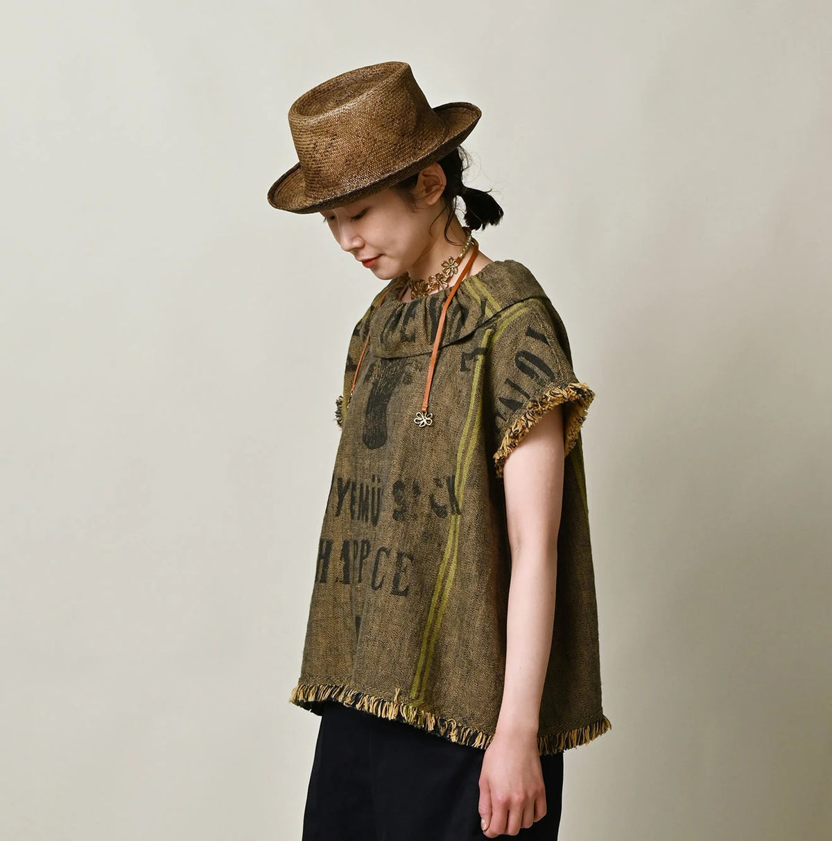 45R Ai Indigo Linen Sack Fringe Sleeveless Top