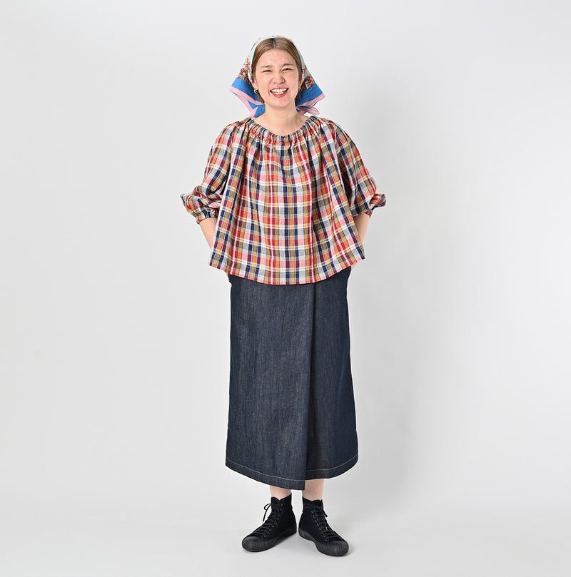 45R Linen Madras Shirring Blouse - Image 3