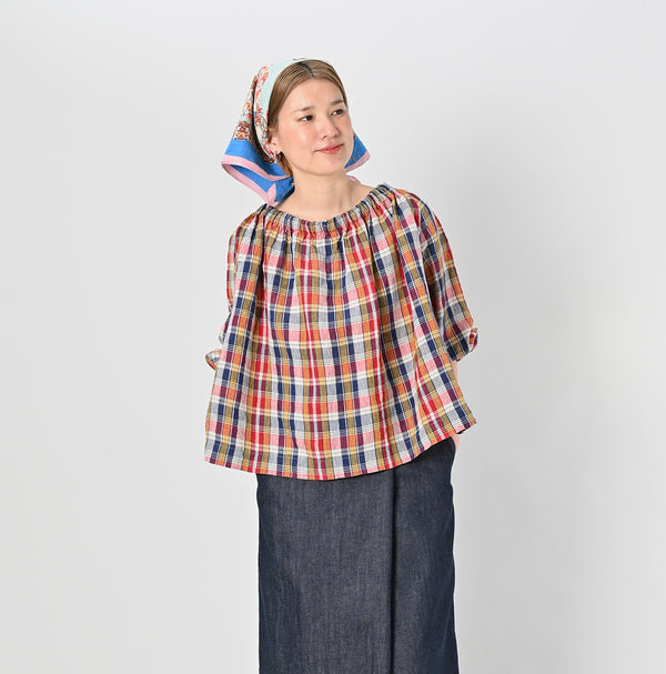 45R Linen Madras Shirring Blouse