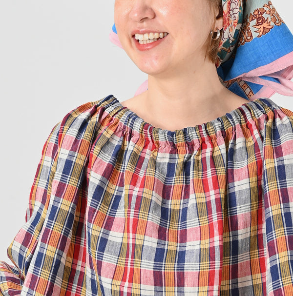 45R Linen Madras Shirring Blouse