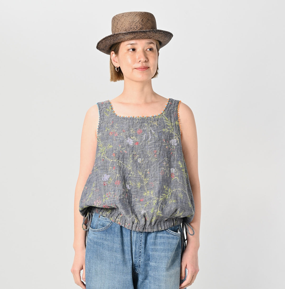 45R Dungaree Cotton Linen Flower Camisole