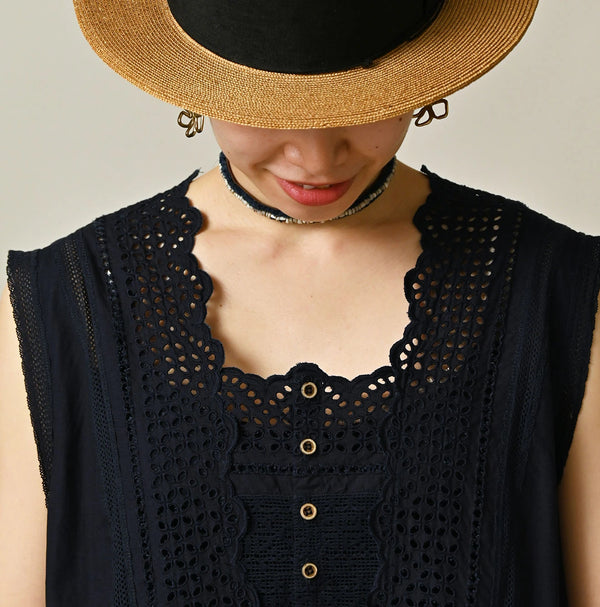 45R Indigo Supima Organic Batiste Cutwork Dress