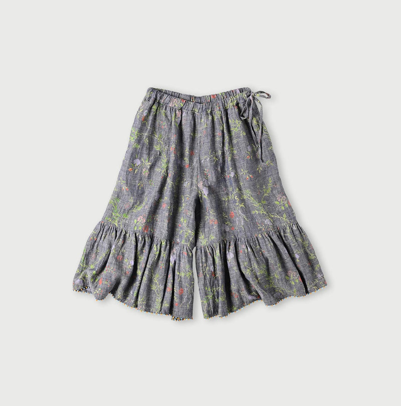 45R Dungaree Cotton Linen Flower Trumpet Pants