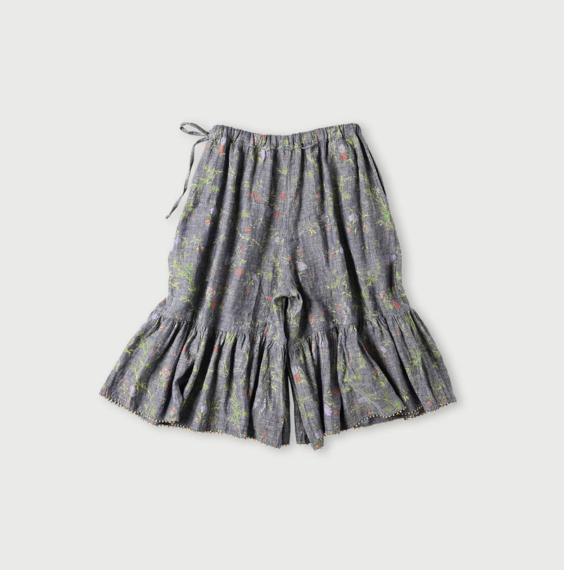 45R Dungaree Cotton Linen Flower Trumpet Pants