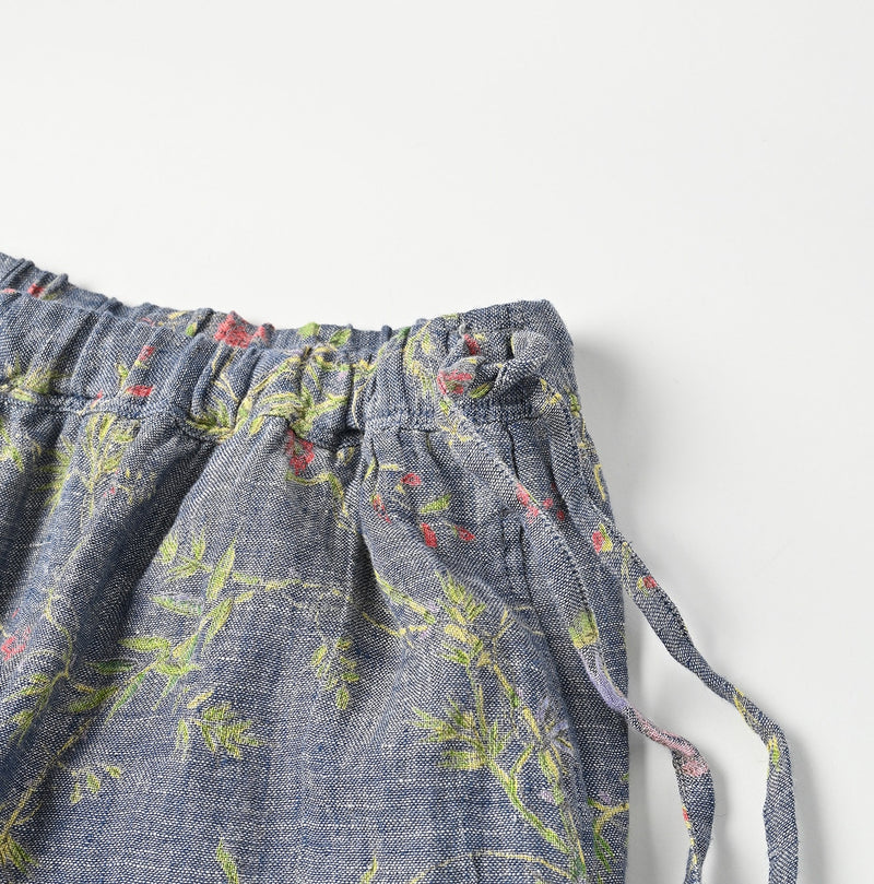 45R Dungaree Cotton Linen Flower Trumpet Pants