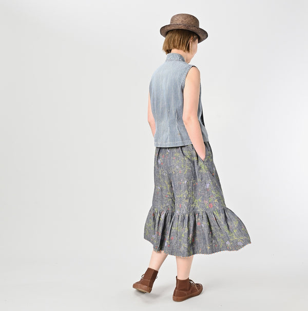 45R Dungaree Cotton Linen Flower Trumpet Pants