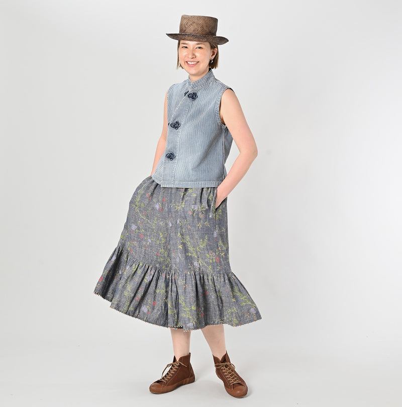 45R Dungaree Cotton Linen Flower Trumpet Pants