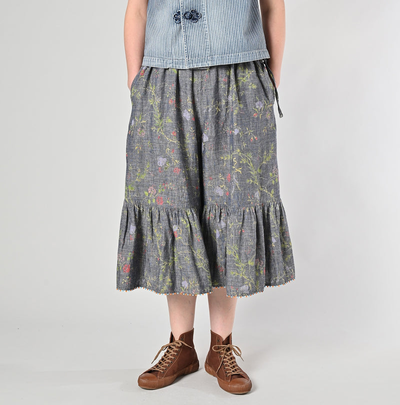 45R Dungaree Cotton Linen Flower Trumpet Pants