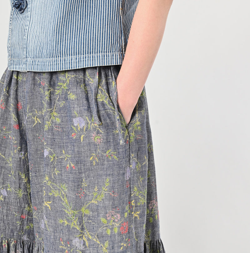 45R Dungaree Cotton Linen Flower Trumpet Pants