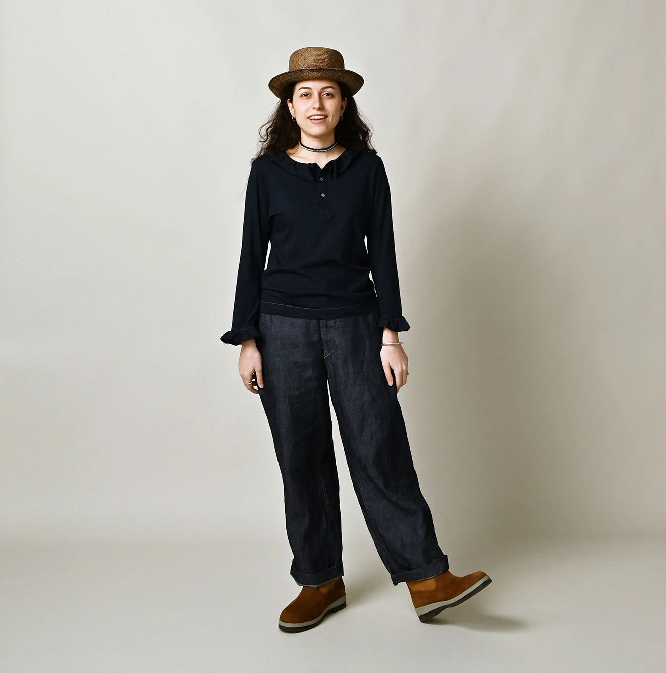 45R Indigo Jersey Frilled Henley - Image 2