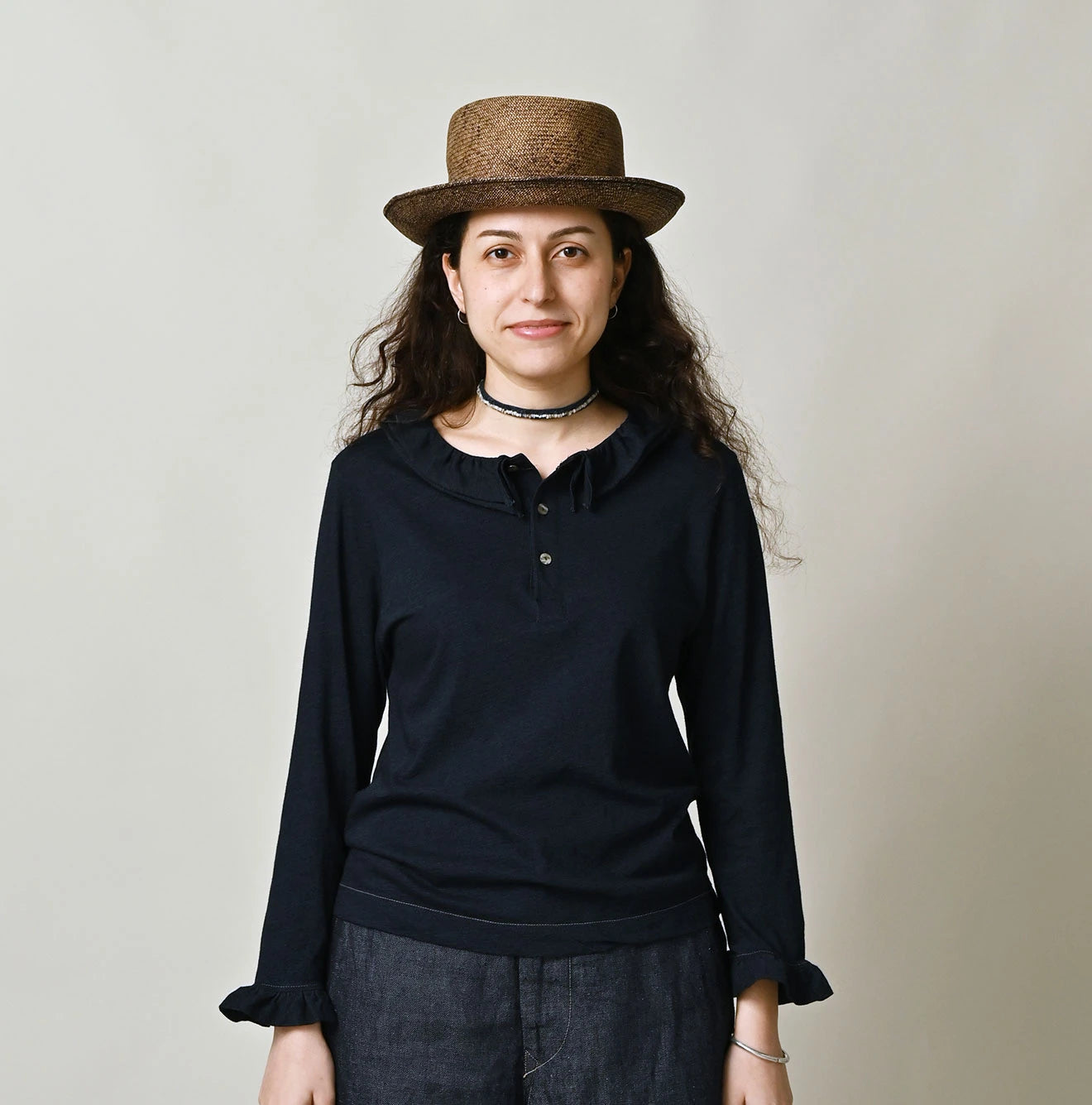 45R Indigo Jersey Frilled Henley - Image 3