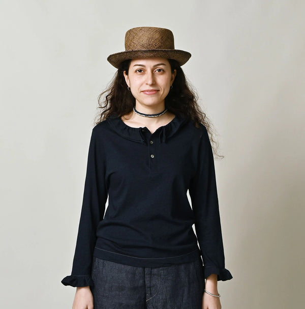 45R Indigo Jersey Frilled Henley