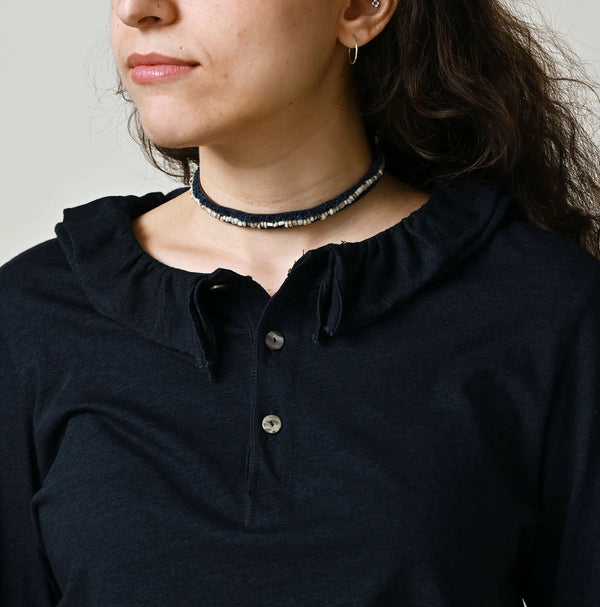 45R Indigo Jersey Frilled Henley