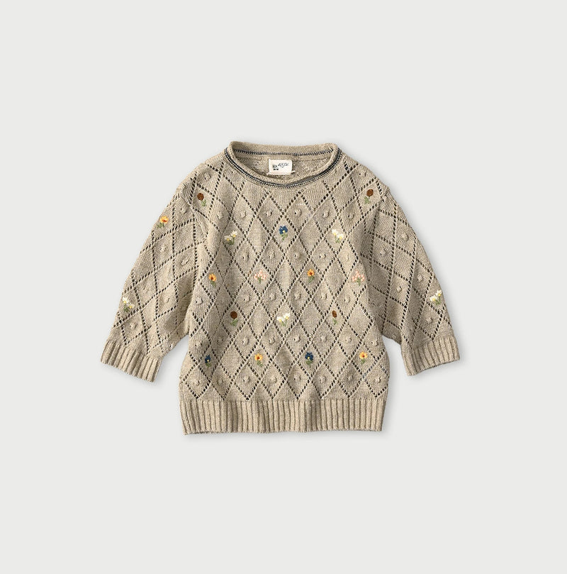 45R Linen Hippie Flower Puff Sleeve Sweater - Image 1