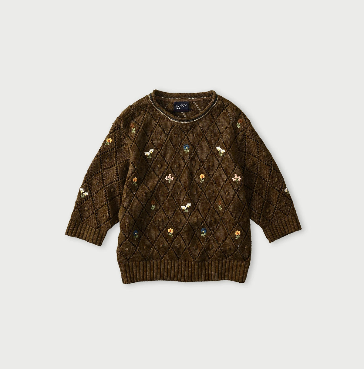 45R Linen Hippie Flower Puff Sleeve Sweater