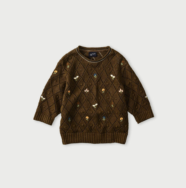 45R Linen Hippie Flower Puff Sleeve Sweater