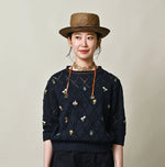 45R Linen Hippie Flower Puff Sleeve Sweater