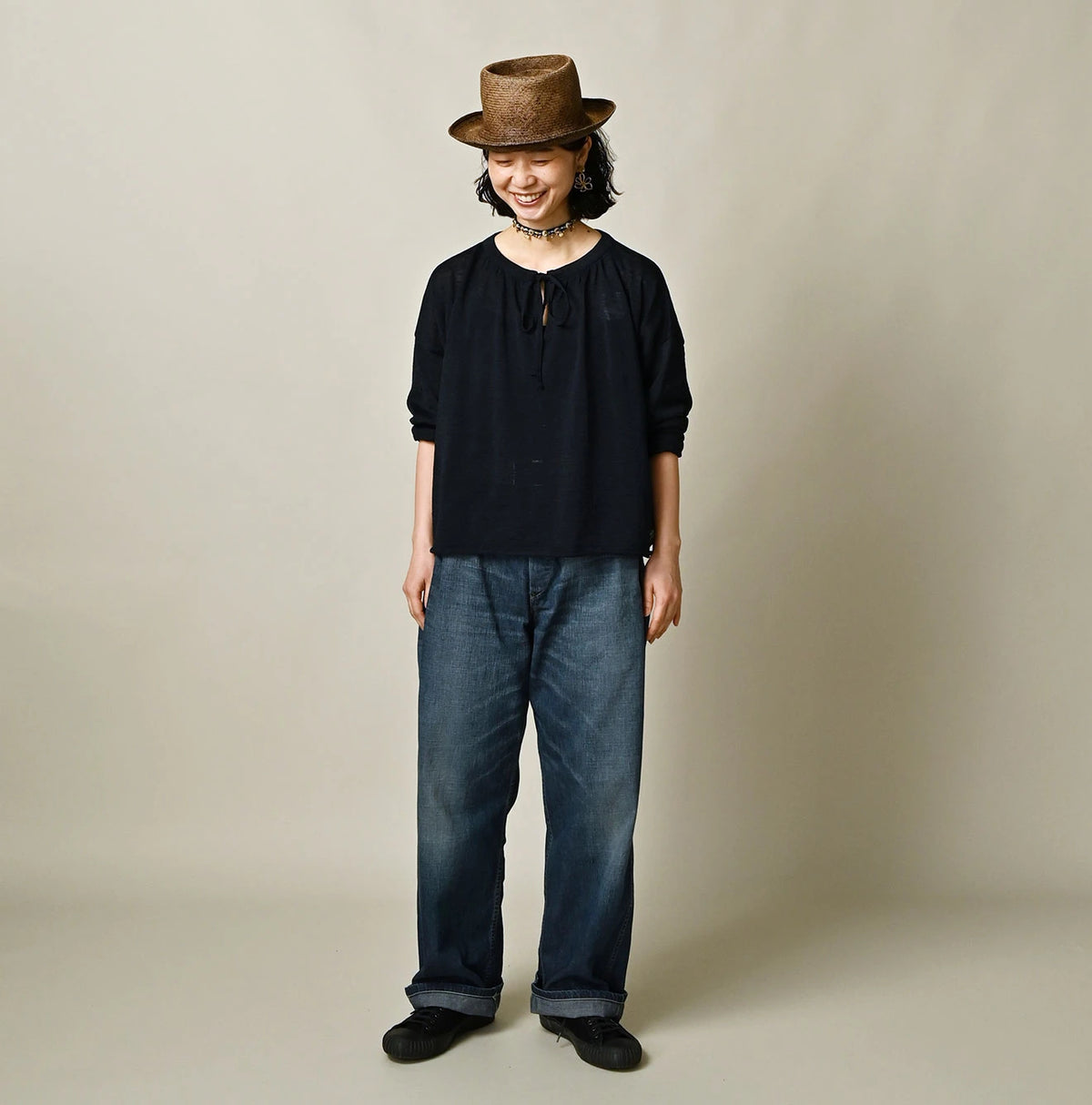 45R Indigo Gima Gathered Blouse