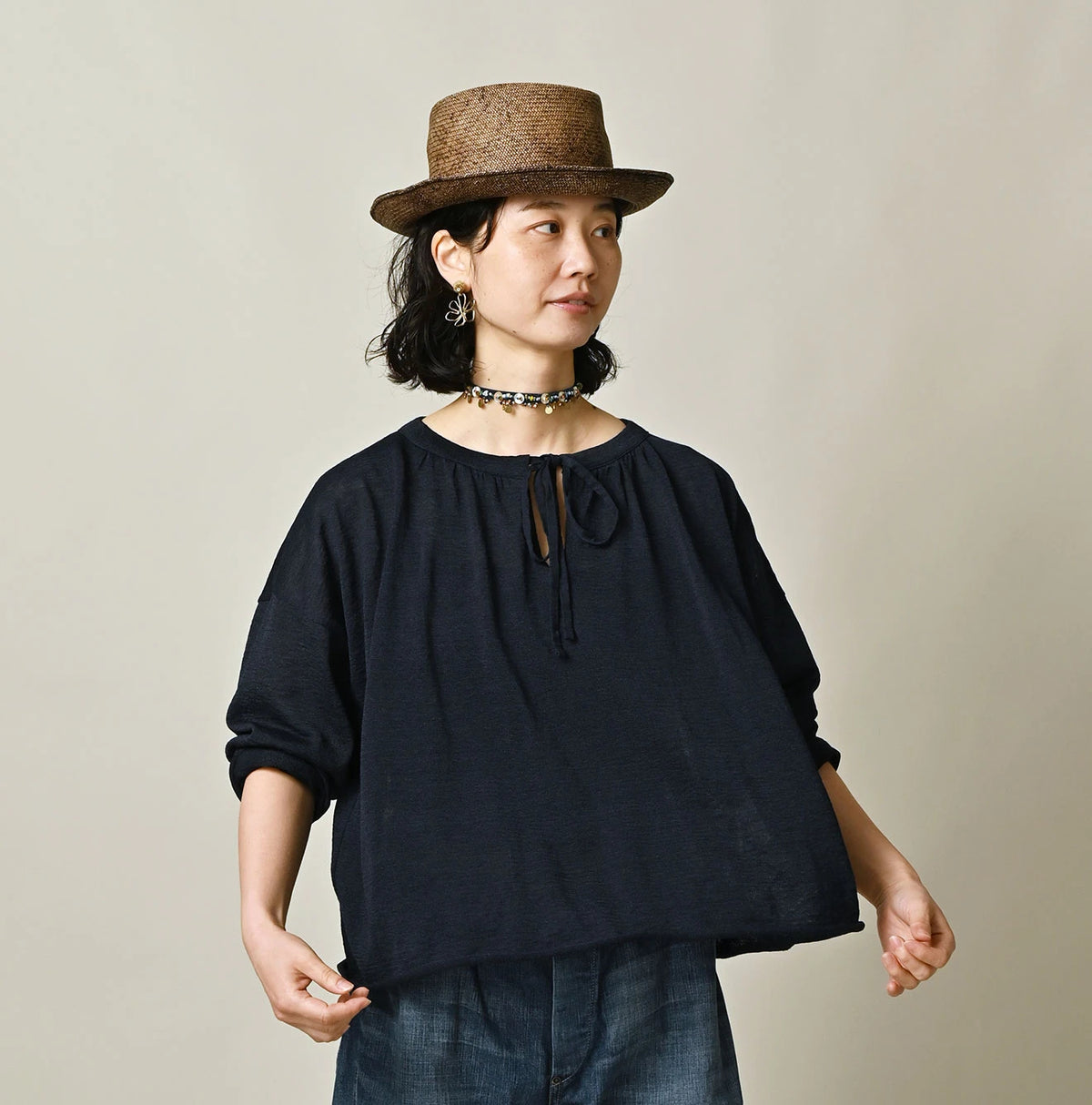 45R Indigo Gima Gathered Blouse