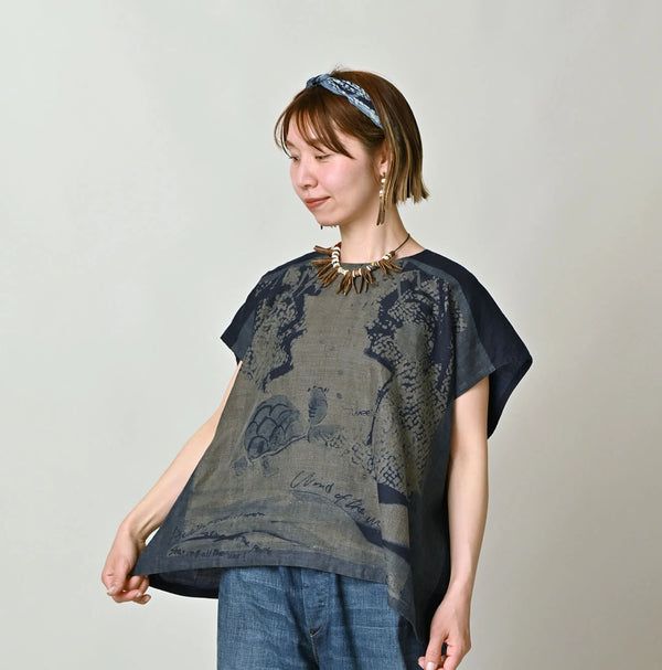 45R Indigo Picture Book Bandana Blouse