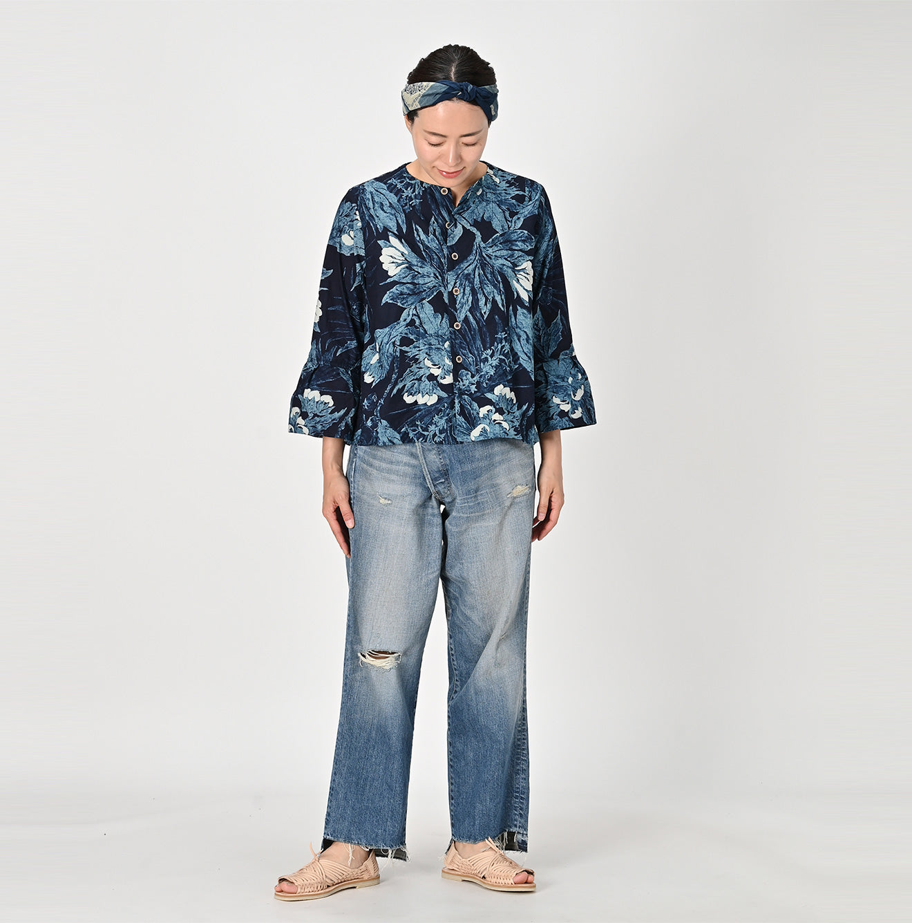 45R Indigo Eastern Aloha Lehua Blouse