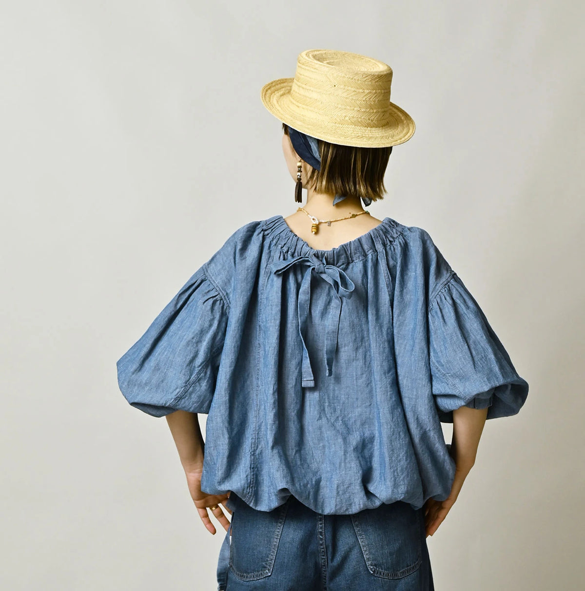 45R Cotton Linen Dungaree Sack Blouse Distressed