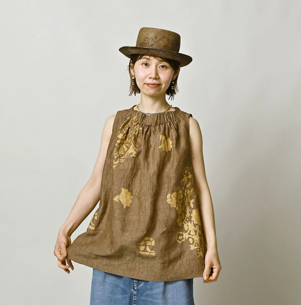 45R Linen Foil Shirring Sleeveless Top