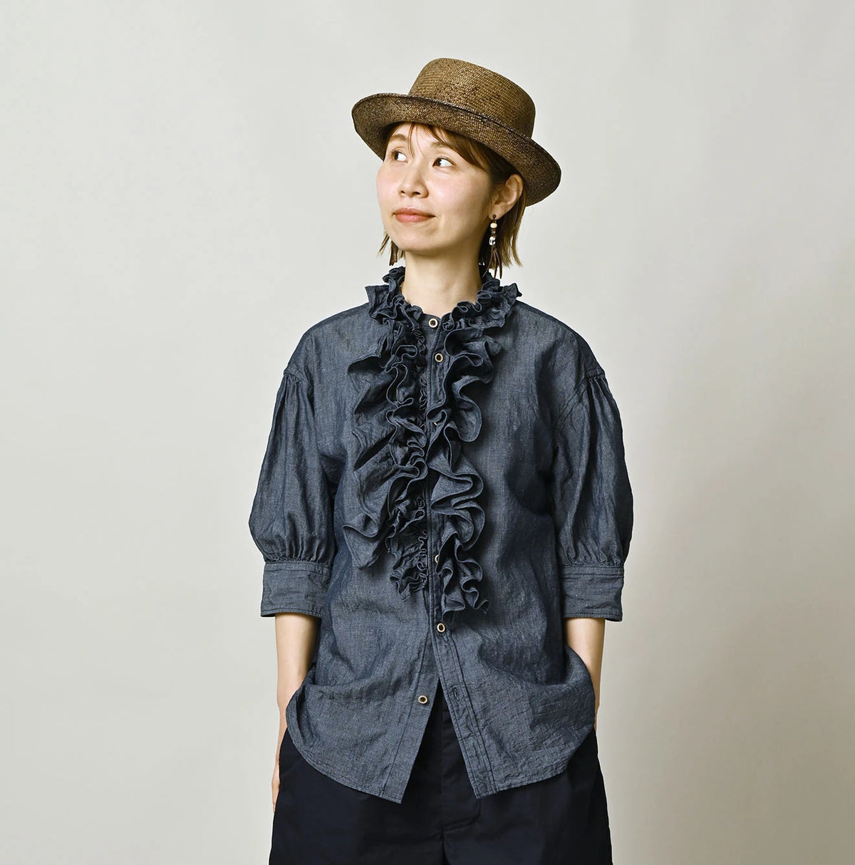 45R Cotton Linen Dungaree Frilled Coupe Shirt