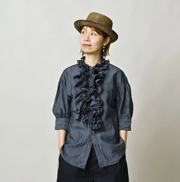45R Cotton Linen Dungaree Frilled Coupe Shirt