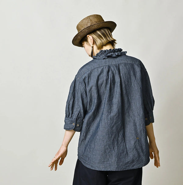 45R Cotton Linen Dungaree Frilled Coupe Shirt